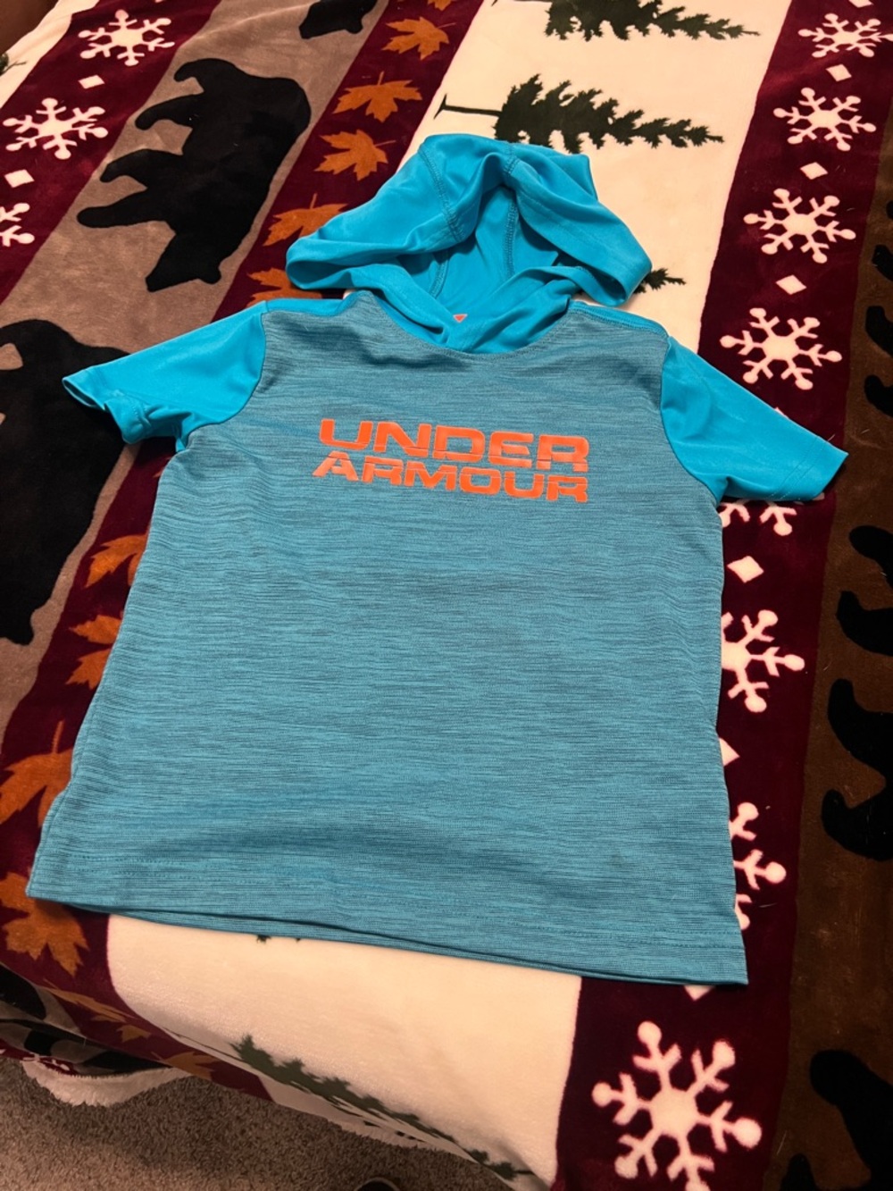 Under Armour Boys' Blue Aqua Hooded Short Sleeve Shirt with Orange Logo
